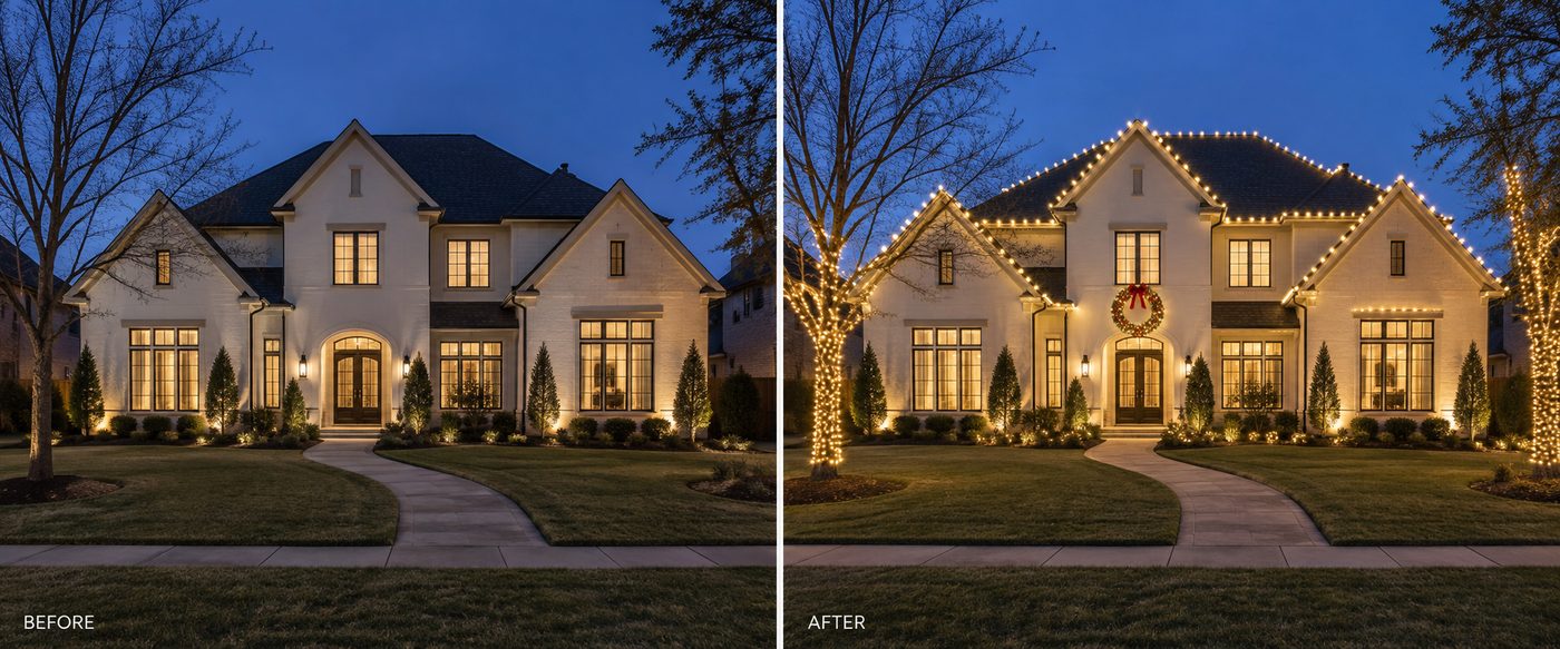 Before and after: the same house undecorated, then outlined in lights