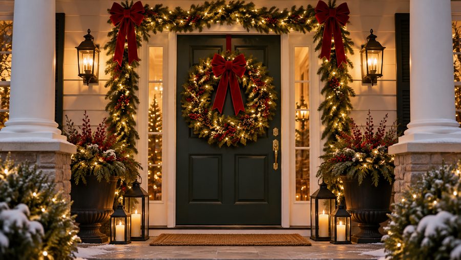 Front door with lit wreath and garland