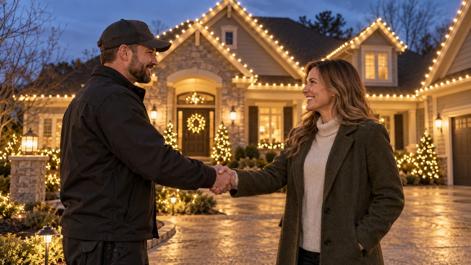 Installer shaking hands with a happy customer outside a lit home