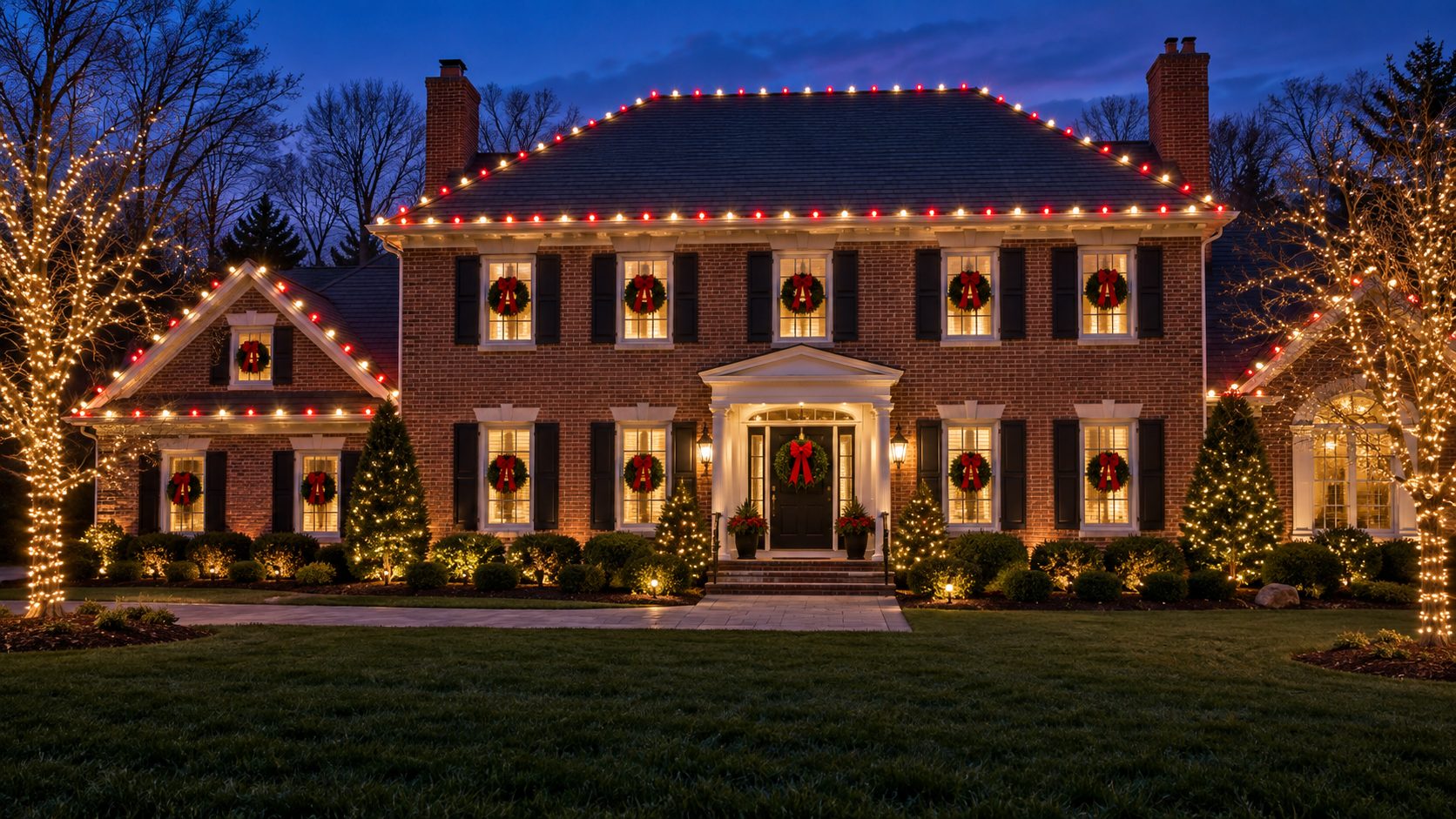 A large home outlined in warm Christmas lights at night